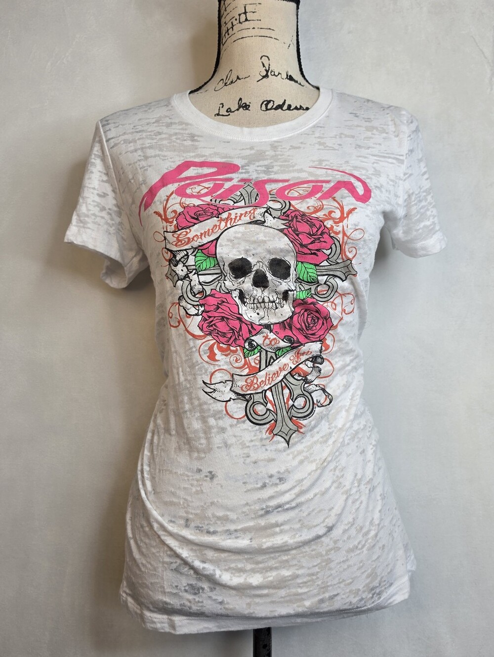 Poison Band Graphic Tee Women's L Skull & Roses Burnout Short Sleeve T-Shirt L